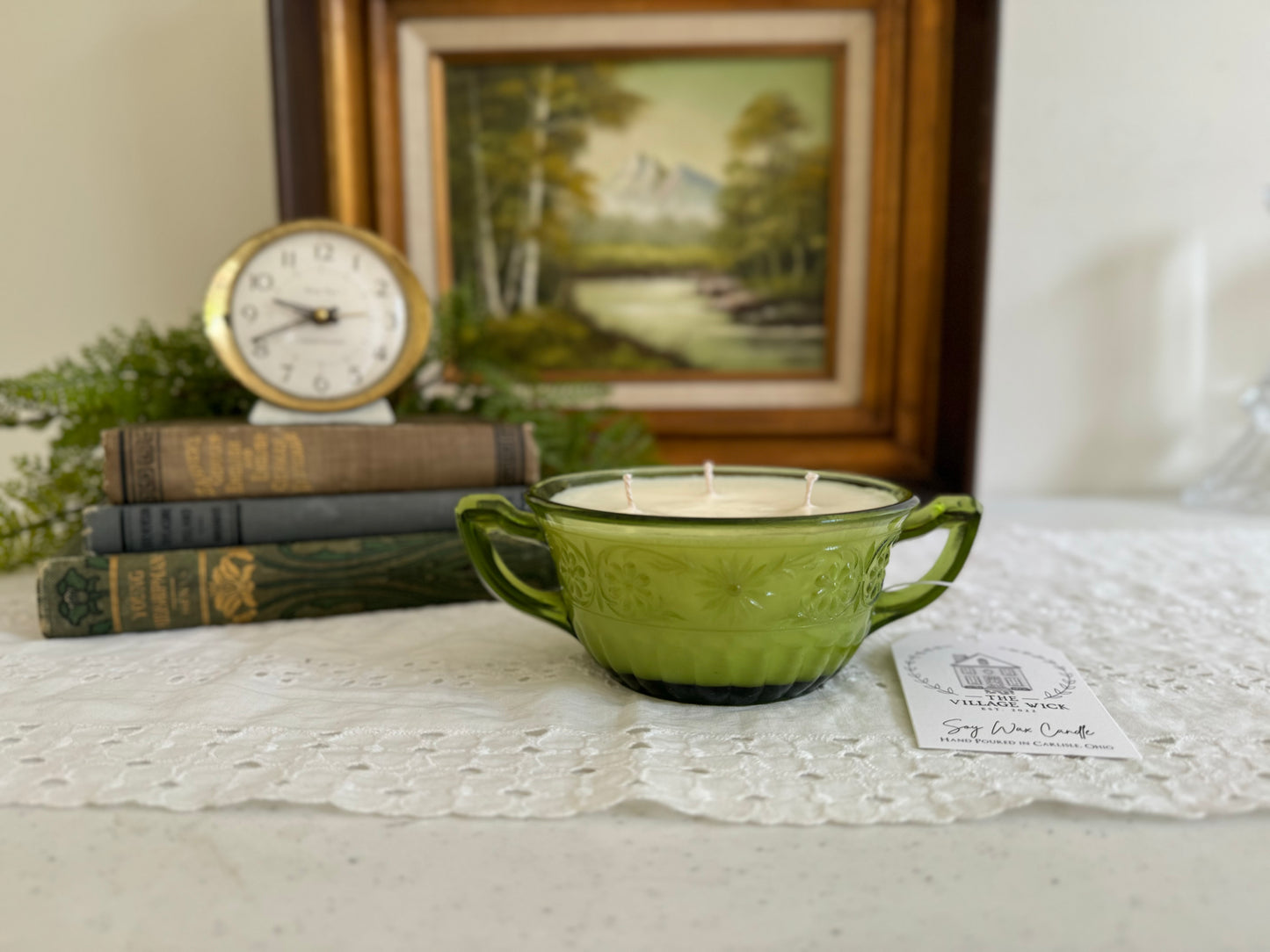 Vintage Green Glass Bowl Candle with Handles- Patchouli