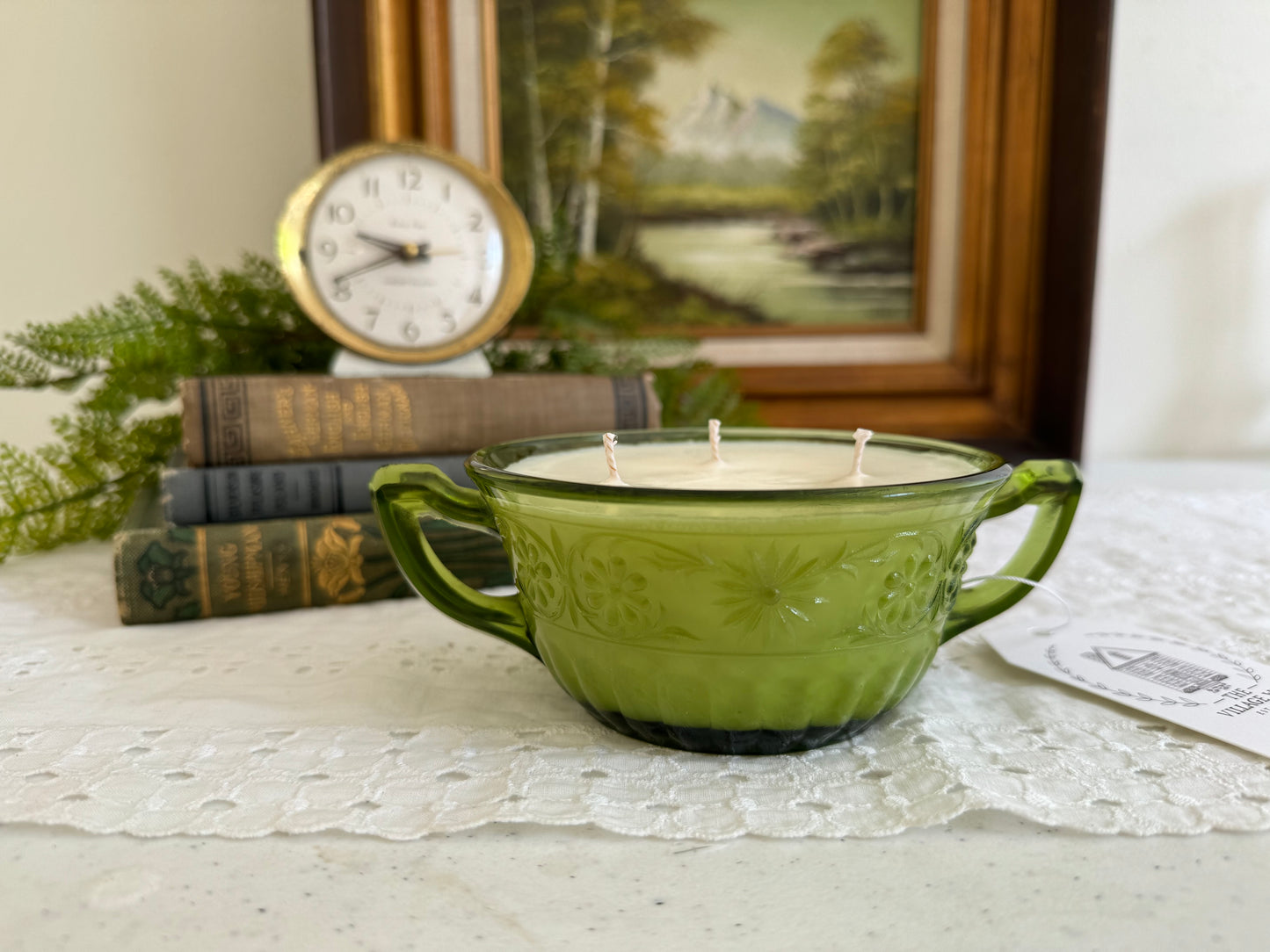 Vintage Green Glass Bowl Candle with Handles- Patchouli