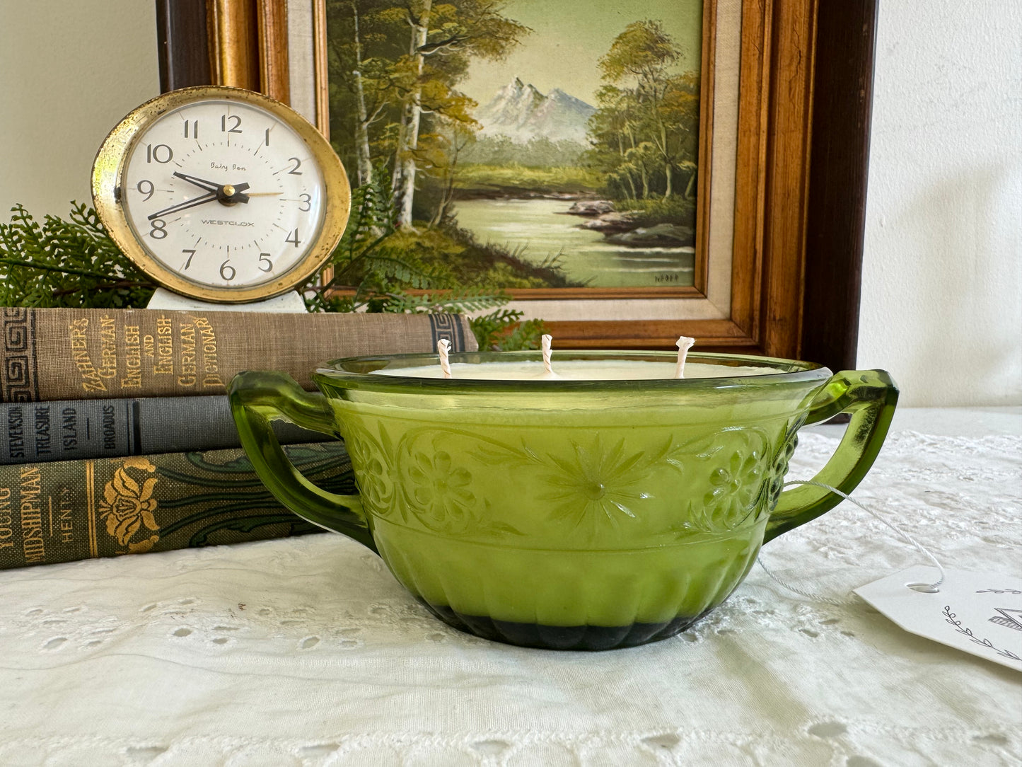 Vintage Green Glass Bowl Candle with Handles- Patchouli