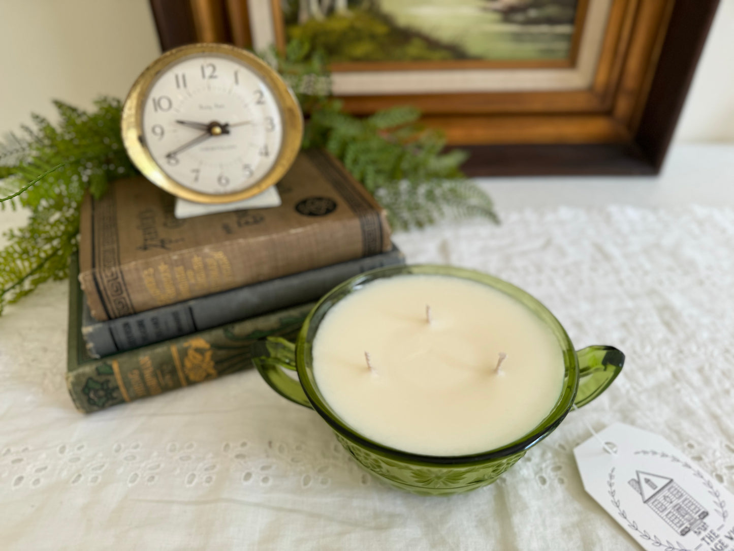 Vintage Green Glass Bowl Candle with Handles- Patchouli