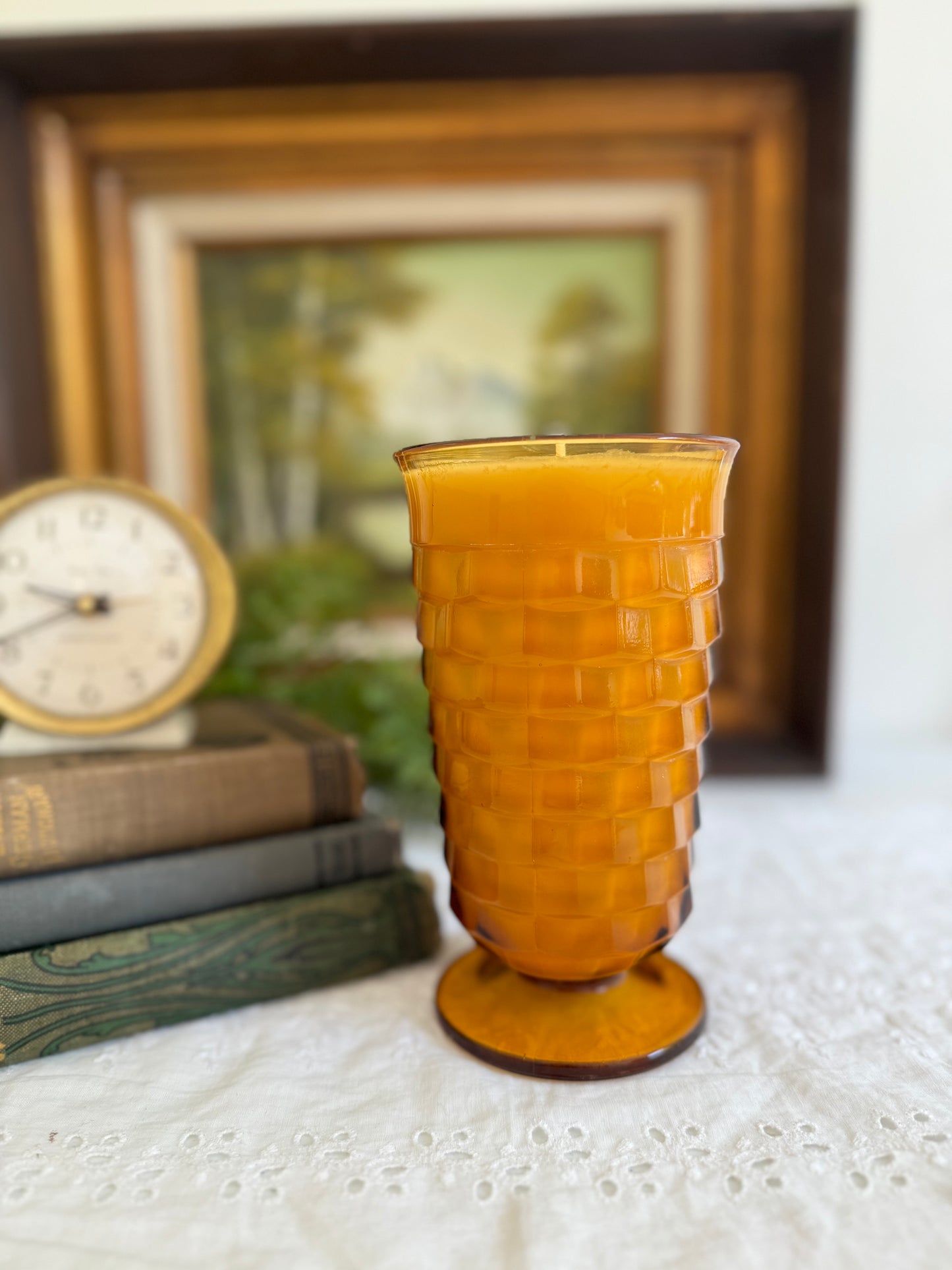 Vintage Amber Tall Glass Candle- Patchouli