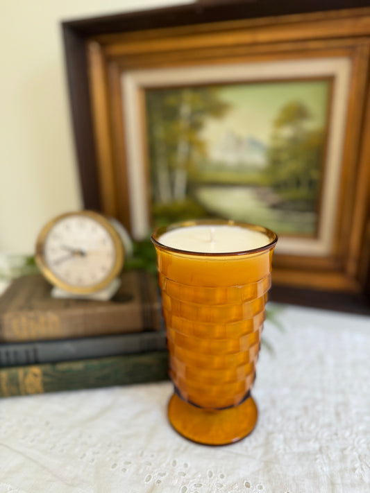 Vintage Amber Tall Glass Candle- Patchouli