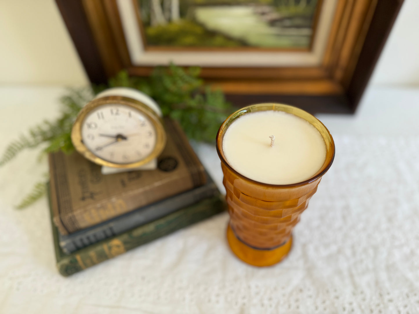 Vintage Amber Tall Glass Candle- Patchouli