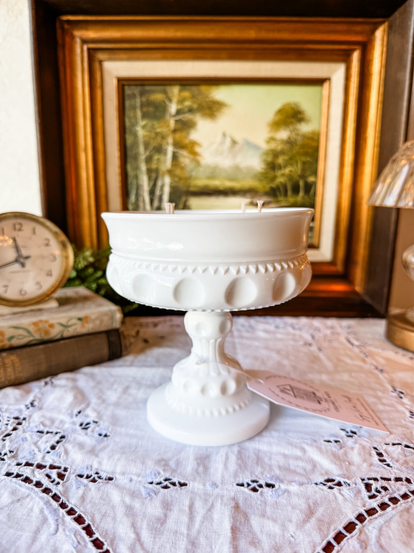 Vintage Milk Glass Candle on Pedestal - Nag Champa