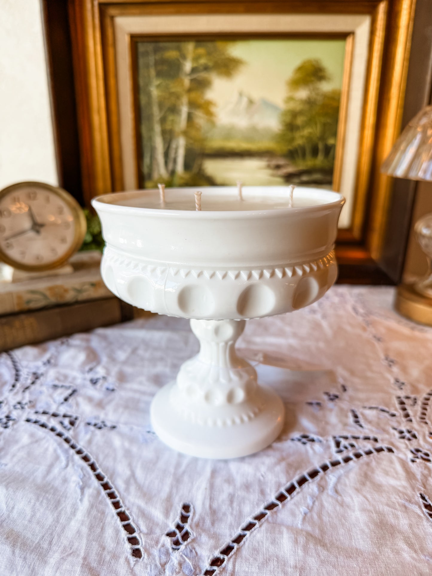 Vintage Milk Glass Candle on Pedestal - Nag Champa