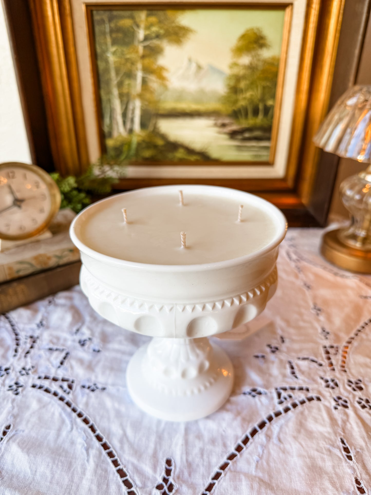 Vintage Milk Glass Candle on Pedestal - Nag Champa