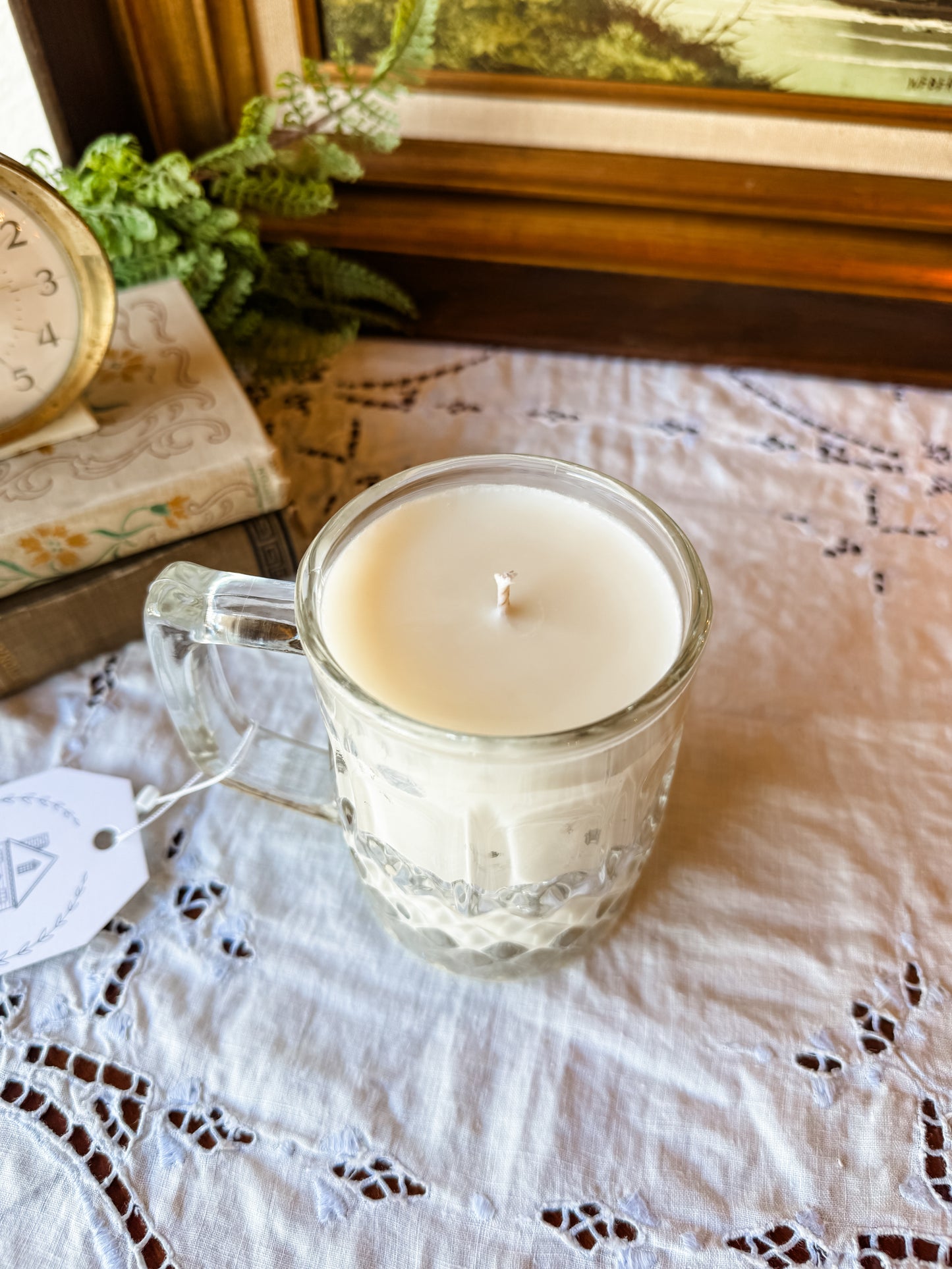 Vintage Glass Mug Candle with Square Handle - Palo Santo